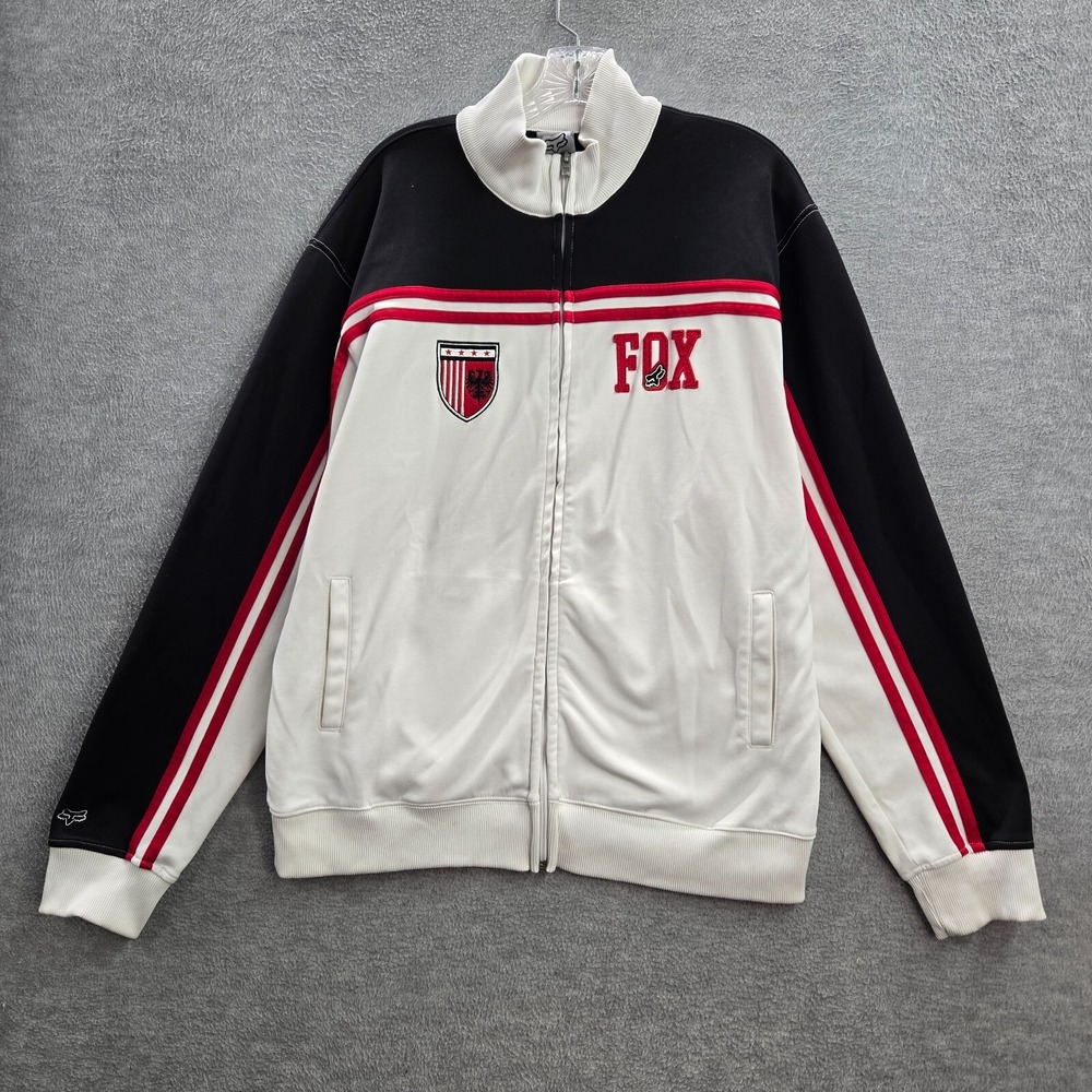 FOX Men Jacket XL White Full‎ Zip Mock Neck Track Motorsports Black Detail
